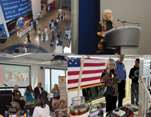 Attendees at the VIP reception (top left), White House OSTP Deputy Director Sally Benson speaking at a podium (top right), Panelists at the Perkins Coie lunch event from left to right: Sally Benson, Paula Sardinas, David Conrad, and Mel Clark (bottom left) and Sally Benson touring Avalanche Energy's lab (bottom right)